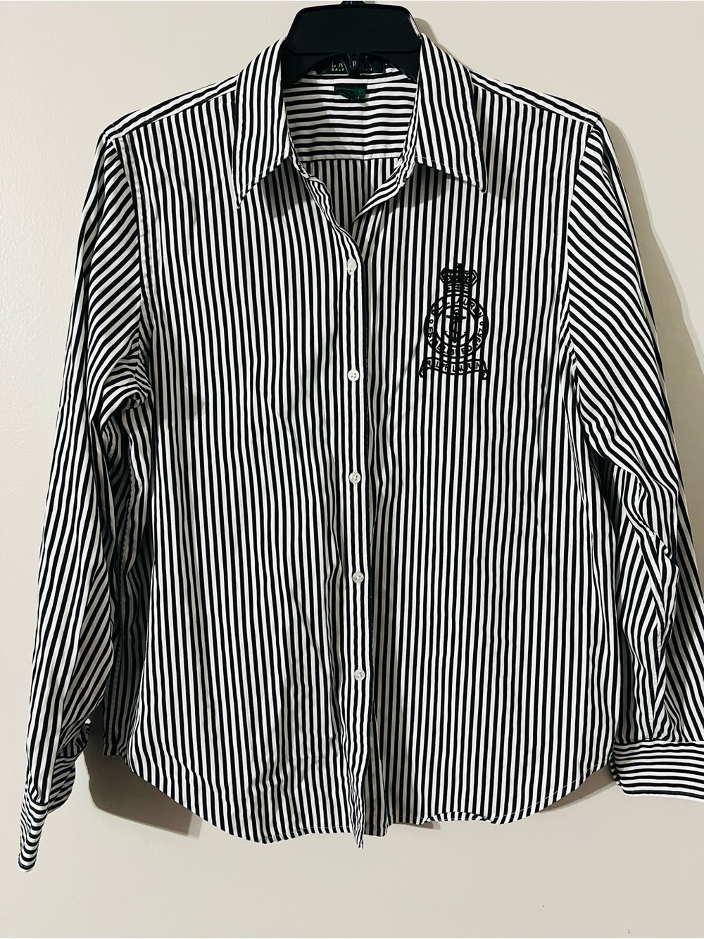 EUC Vintage 90s Lauren Ralph Lauren Embroidered Crest B&W Long Sleeve Shirt Sz L